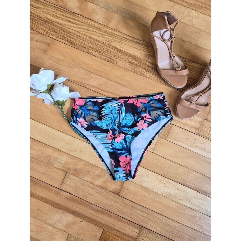SHEIN Black Bikini Bottoms with Blue & Pink Tropical Print